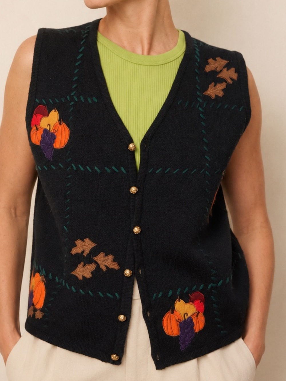 Vtg Croft & Barrow Embroidery Pumpkin Harvest  Fall Thanksgiving Sweater Vest